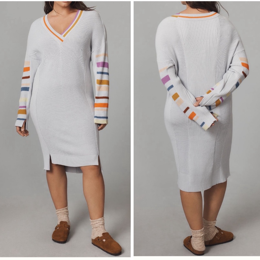 Anthropologie Light Gray Midi Sweater Dress with Multicolor Stripe Sleeves